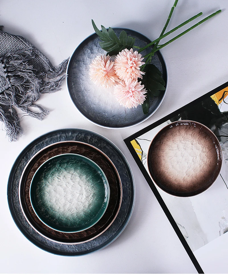Embossed Stone Design Porcelain Dinner Plate Set - Set of 3, Ceramic Platters for Dining and Decorative - Image 6