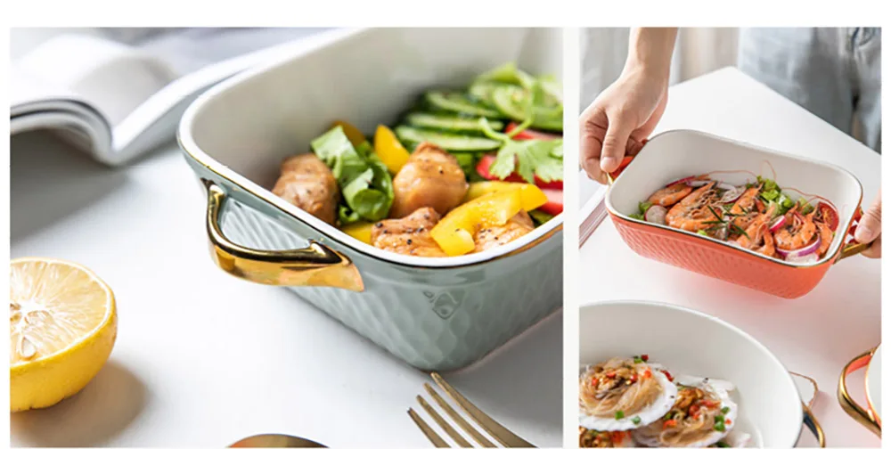 Ceramic Glaze Golden Side Baking Tray – Rectangle & Oval Baking Pan for Barbecue, Salad, and Oven – Kitchen Bableware Baking Dishes