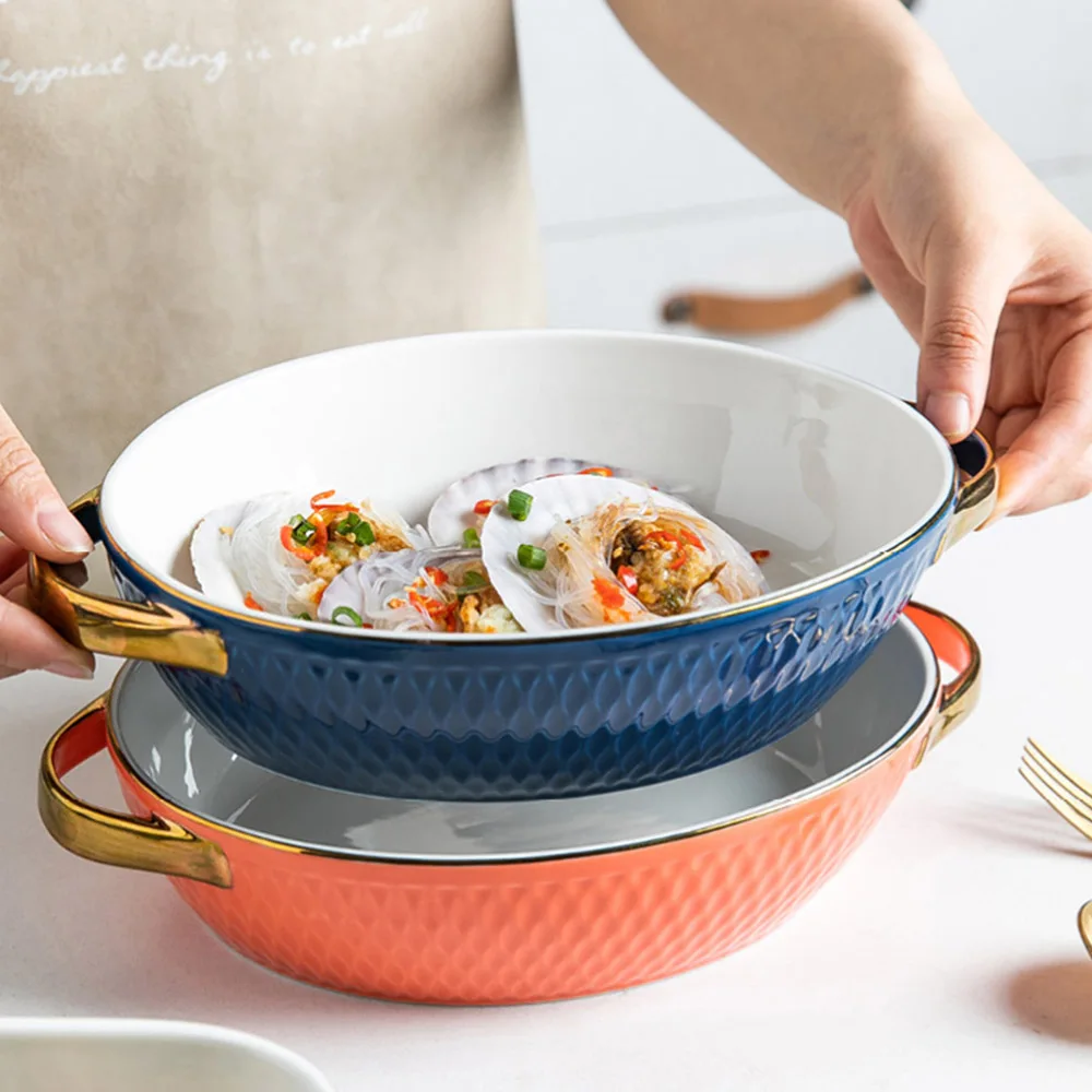 Ceramic Glaze Golden Side Baking Tray – Rectangle & Oval Baking Pan for Barbecue, Salad, and Oven – Kitchen Bableware Baking Dishes