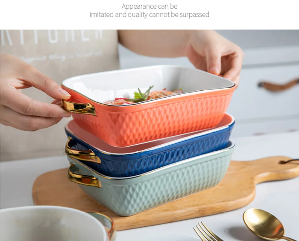 Ceramic Glaze Golden Side Baking Tray – Rectangle & Oval Baking Pan for Barbecue, Salad, and Oven – Kitchen Bableware Baking Dishes