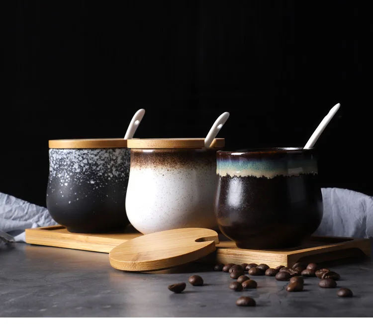 Vintage Ceramic Seasoning Jar Set with Spoon: Elegant Kitchen Supplies for Salt, Sugar, Spice, and Monosodium Glutamate