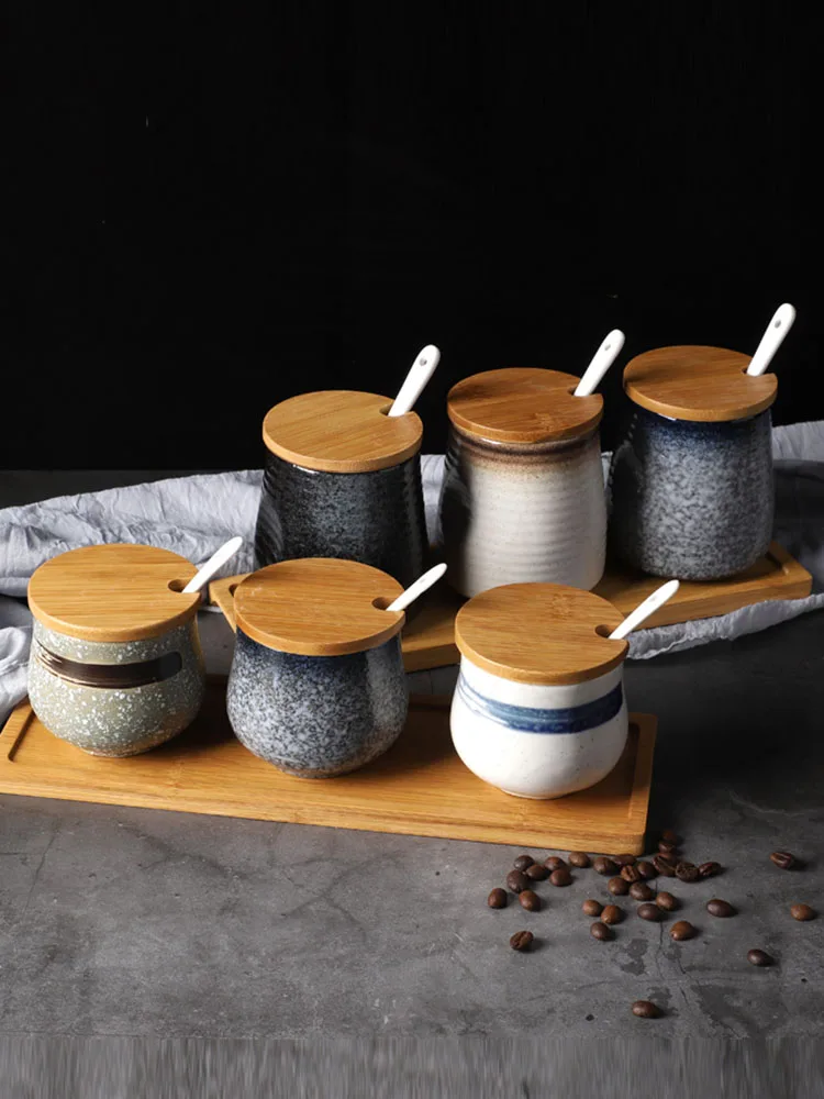 Vintage Ceramic Seasoning Jar Set with Spoon: Elegant Kitchen Supplies for Salt, Sugar, Spice, and Monosodium Glutamate